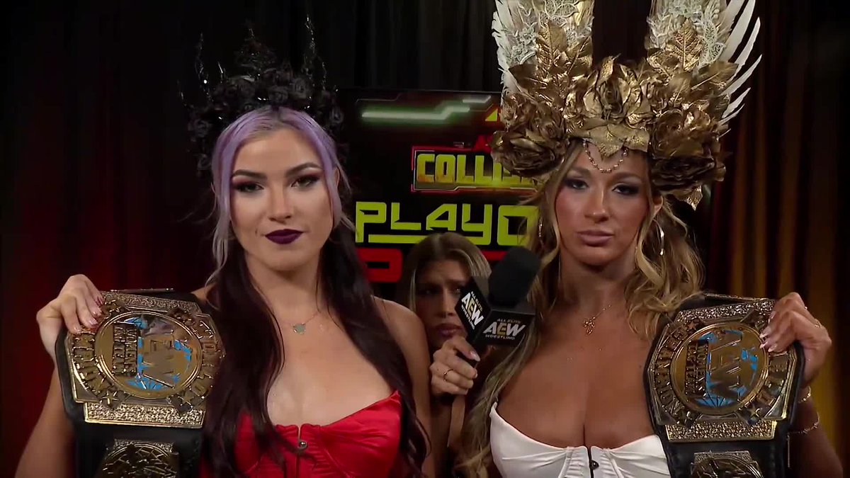 “Why should we be worried?” The #AEW Women’s World Tag Team Champions, Divine Dominion (MEGAN BAYNE ⚡️ メーガン・ベイン and Lena Kross レナ・クロス), aren’t fazed by HIKARU SHIDA 志田 光 and Kris Statlander! Watch #AEWCollision on TNT & HBO Max