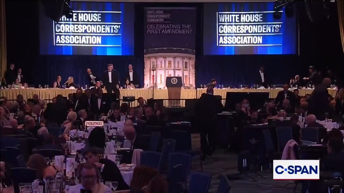 Wide shot of ballroom as loud bangs are heard and President Trump is evacuated from the White House Correspondents' Association Dinner. #WHCD #WHCA #NerdProm