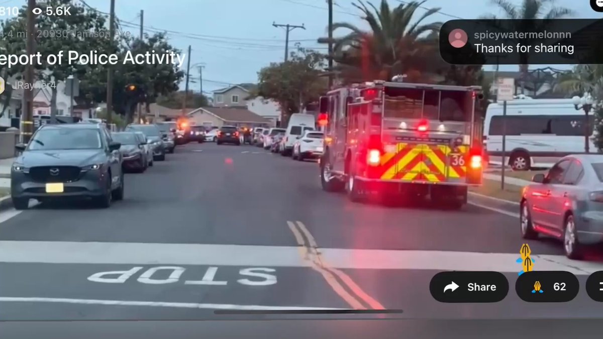 Heavy police presence at Torance, CA home 27 minutes ago. Black SUV’s paired with reports of a “man hitting a door with a sledgehammer” Possibly the home of WH correspondents dinner shooting.