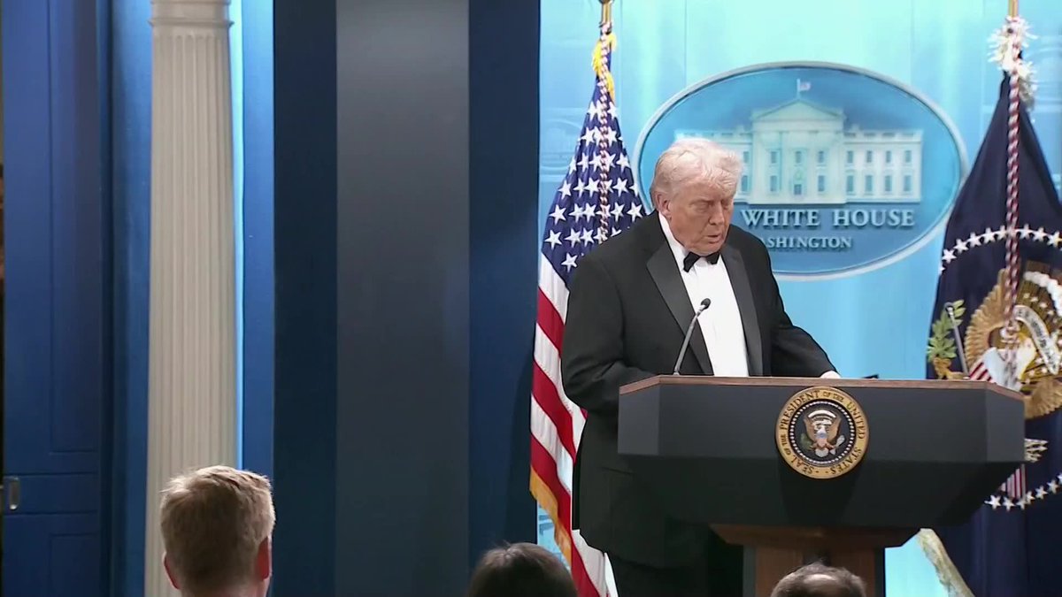President Donald Trump makes a statement after being evacuated from the White House Correspondents’ Association dinner event in Washington Saturday after shots were fired near the venue
