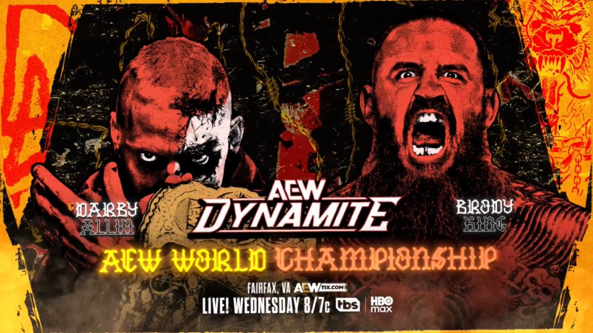#AEWDynamite 8/7c, TBS + HBO Max This Wednesday, 4/29 AEW World Title DARBY ALLIN vs @BrodyXKing Brody King will challenge his friend Darby Allin for the World Title, WEDNESDAY! A new chapter in this storied rivalry will be written: Darby vs Brody, World Title, THIS WEDNESDAY!