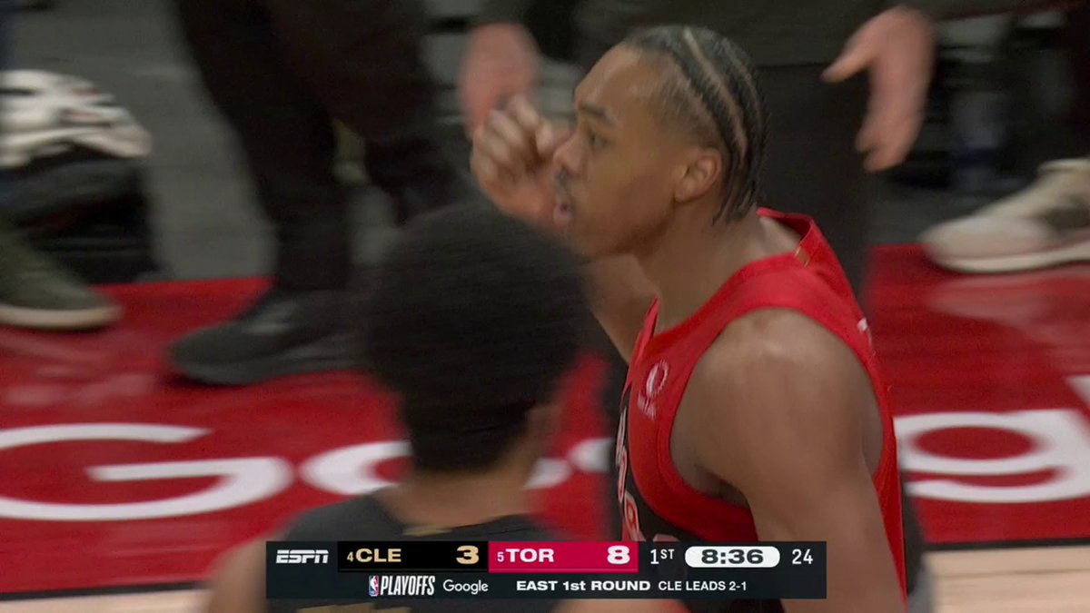 Scottie Barnes is feeling it early 👀🔥 Watch Cavs-Raptors on ESPN and the ESPN App 🍿