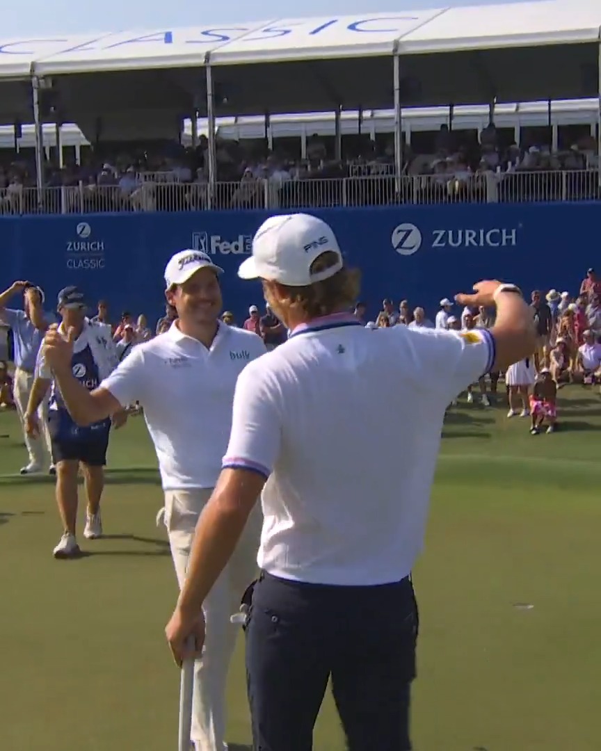 Huge eagle at the last 🦅 Kristoffer Reitan and Kris Ventura tie the lead on the 72nd hole Zurich Classic! 📺 CBS