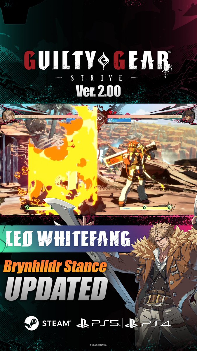 GUILTY GEAR -STRIVE- Ver.2.00 Highlight ✨ Leo’s Brynhildr Stance gets a big upgrade ⚔️ You can now jump and attack mid-stance, with cross-up options that hit front & back 🔄 Plus, jump-cancel P/K/S for trickier pressure and mixups. Getting into stance is harder now (Turbulenz, HS Eisensturm, 5H adjusted), but the payoff is stronger offense once you’re in. #GGST