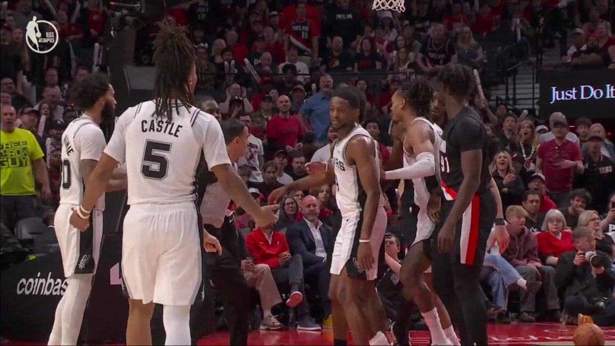 Stephon Castle and Deni Avdija received double techs for this sequence at the end of Spurs-Blazers Game 4.