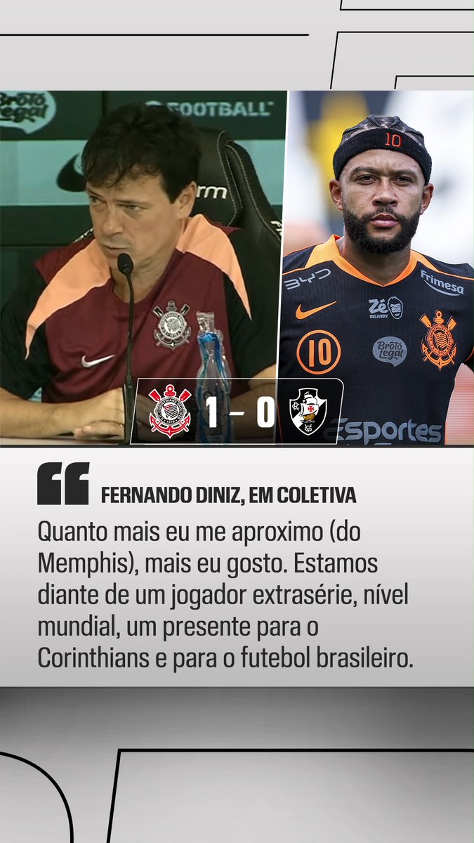 RASGOU ELOGIOS AO MEMPHIS! 👀😍 Fernando Diniz, técnico do Corinthians, deixou claro o seu desejo em seguir tendo Memphis Depay no elenco do Timão. O treinador elogiou muito o holandês, como jogador e também como pessoa, dizendo que ele é um presente para o futebol brasileiro. #FutebolNaESPN #Corinthians #Vasco