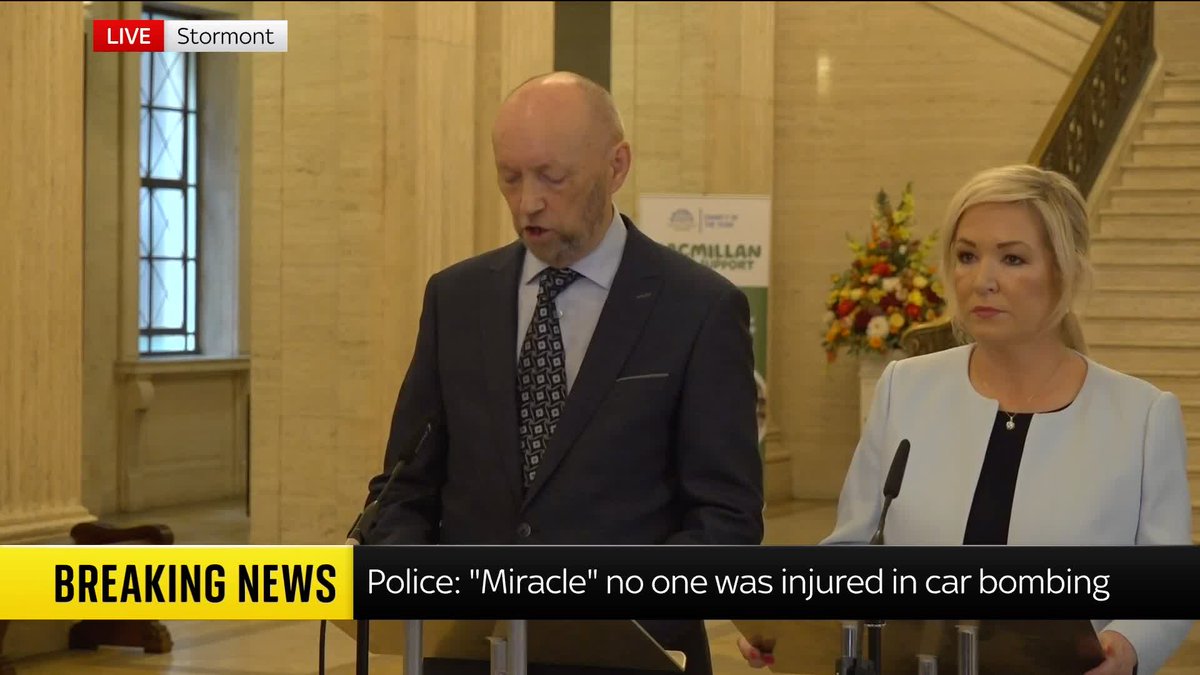 'These are the actions of a school yard bully'. Northern Irish first minister Michelle O'Neill speaks alongside police chiefs after an explosion outside a police station in Dunmurry, near Belfast, on Saturday. 🔗