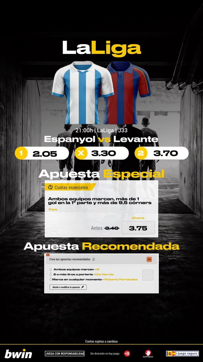 ⚽️Partido que cierra la fecha 33 en LaLiga Espanyol vs Levante 🐦El Espanyol no ha ganado hace 15 fechas y solo ha marcado 3 goles en los últimos 5 partidos 💥El Levante ganando saldría de la zona de descenso momentáneamente Crea tu Apuesta 📲