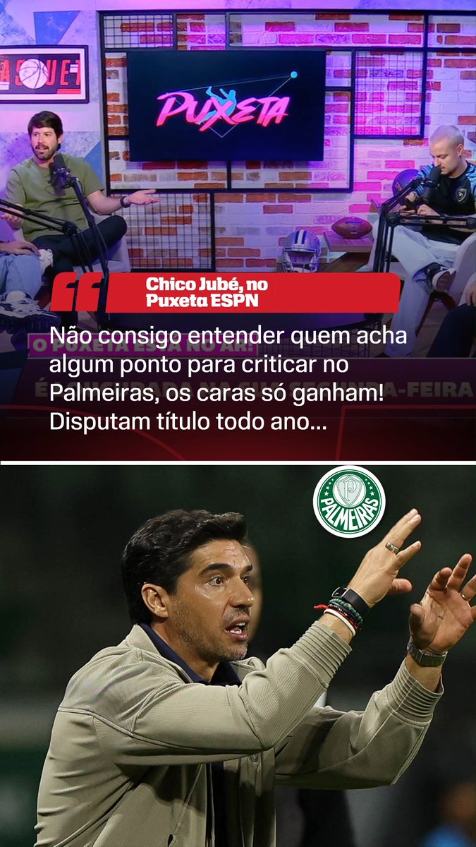 “Eu não consigo entender quem ainda encontra algum ponto para criticar no Palmeiras. Os caras só ganham. Não tem mais o que criticar.” 🎙️ Chico Jubé, na ESPN. 🎥 ESPN Brasil | SportsCenter Brasil