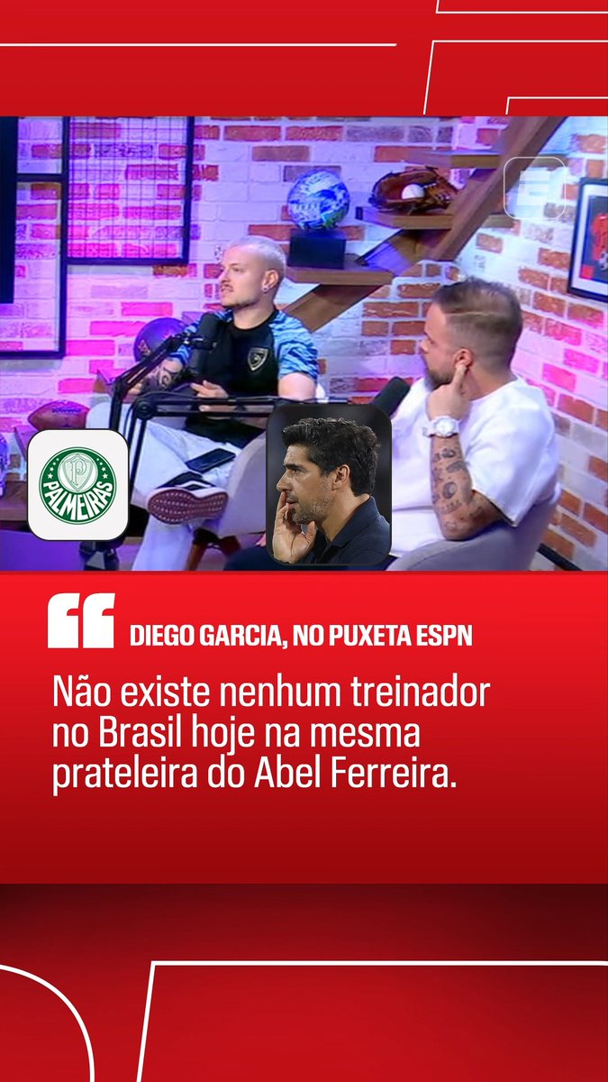 ACIMA DE TODOS? No Puxeta ESPN, Diego Garcia falou que "nenhum treinador do futebol brasileiro está na mesma prateleira que Abel Ferreira" e que o técnico do Palmeiras está "três andares acima do resto"! Concorda, fã de esporte? ASSISTA ao Puxeta AO VIVO no YouTube da ESPN Brasil! #PuxetaESPN #Palmeiras #AbelFerreira