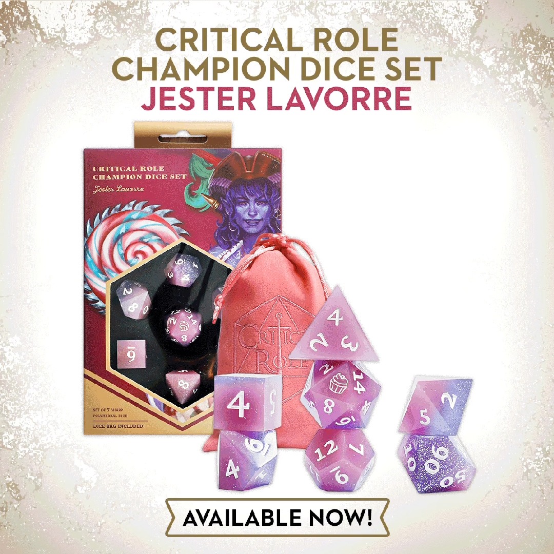 TAKE EXANDRIA'S CHAMPIONS TO THE TABLE 🎲 ✨ Champion Dice Sets are here, straight from #CriticalRole Campaigns 1 & 2! Bring enchantment and might to the table with these gorgeous, sharp-edged sets depicting our heroes at their full power, including: 🫖 🍄 Caduceus Clay, layered with iridescent shimmer, mushroom icon, and delicate green leaf inclusions pulled from the Blooming Grove 🧁 🍭 Jester Lavorre, swirled with soft white shimmer and a playful pink dye injection, plus cupcake icon, creating a dreamy pastel gradient that feels like magic caught mid-prank 🗡️🪶 Vax’ildan, laced with metallic dark grey swirls and flashes of teal, red, and green shimmer that catch the light like the blade of a dagger in motion beneath a gold icon 🐈 🔥 Caleb Widogast, emblazoned with a fiery flame icon and flashes of red iridescent foil that glow like the embers of a smouldering spell taking shape FIND YOURS (EU SHOPS MAY BE EXPERIENCING DELAYS) ⬇️ 🇺🇸 🇬🇧 🇨🇦 🇦🇺 🇪🇺