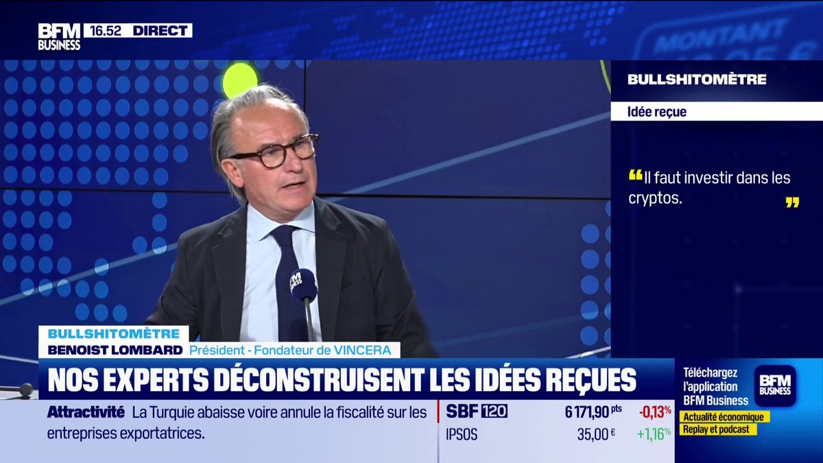 Les cryptomonnaies, des valeurs refuges ? 💰 C'est le bullshitomètre ! les invités de BFM Bourse démontent les idées reçues. Aujourd'hui Benoist Lombard revient sur l'idée selon laquelle il faudrait absolument investir dans les cryptomonnaies.