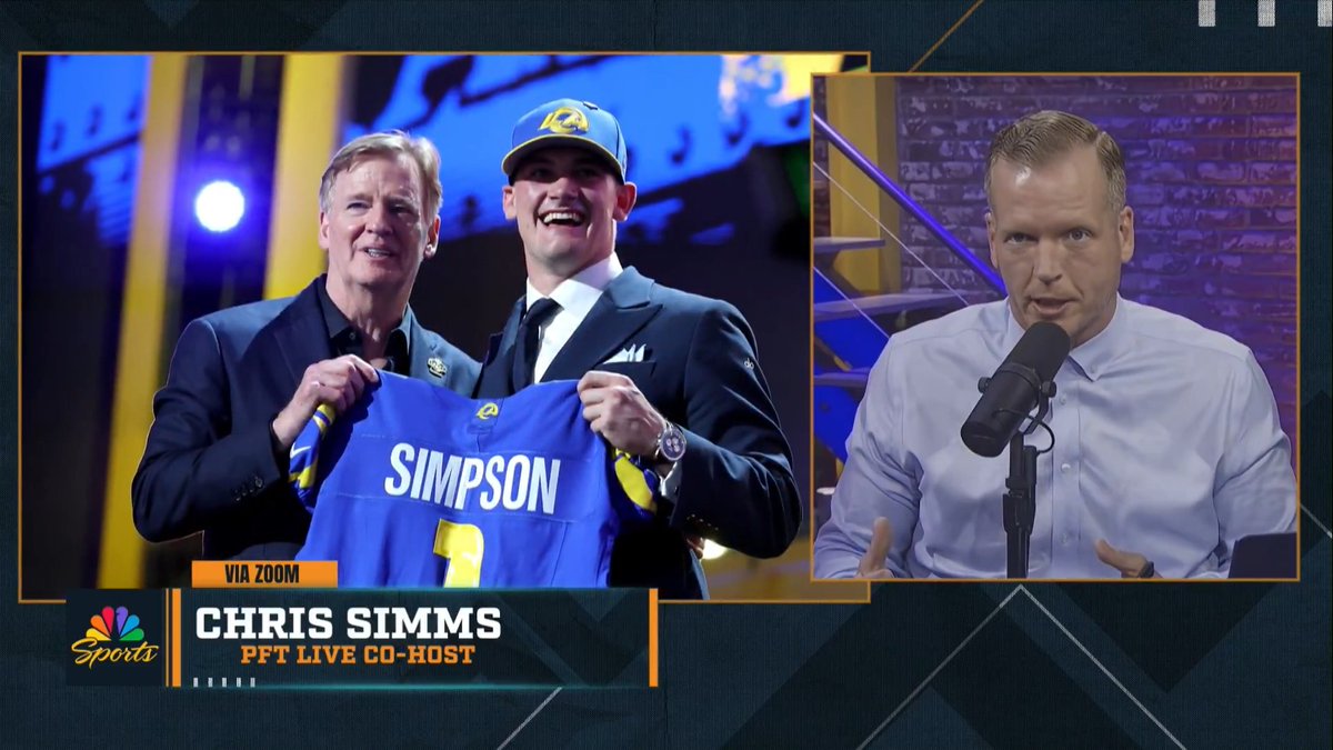 "I don't think anybody viewed him as a top-20 pick in the NFL Draft." – Chris Simms on the #Rams drafting Ty Simpson 13th overall.