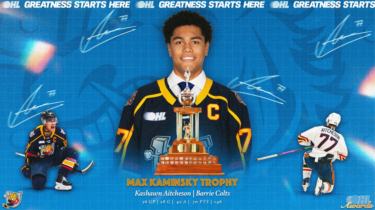 Kash was king 💸 Kashawn Aitcheson delivered a historic season with the Barrie Colts, earning the Max Kaminsky Trophy as the #OHL Defenceman of the Year. DETAILS 🗞️: #OHLAwards | New York Islanders