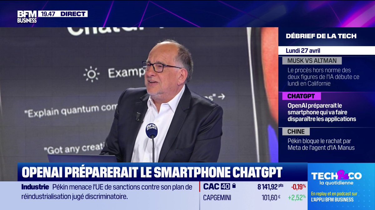 OpenAI préparerait le smartphone ChatGPT Un smartphone qui va faire disparaître les applications ? "La technologie qui utlliserait des agents IA dans notre téléphone est prête à 100% chez OpenAI" 💬 Lucas Perraudin 🎙️ François Sorel