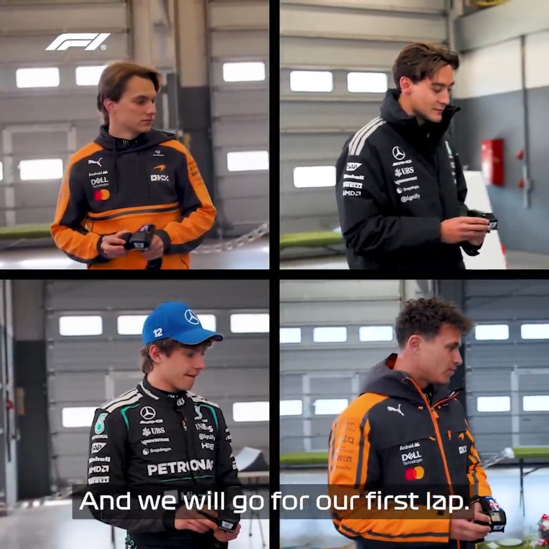 Chaos from the very first second... 🤣 Watch the McLaren &amp; Mercedes drivers take on remote-control racing challenges - click for the full video on YouTube! 👇 #F1