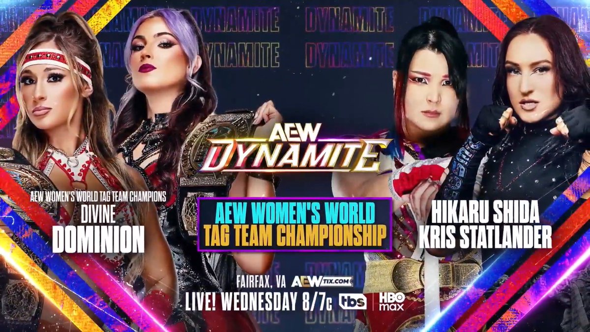#AEWDynamite 8/7c, TBS + HBO Max This Wednesday, 4/29! AEW Women's World Tag Team Title MEGAN BAYNE ⚡️ メーガン・ベイン/Lena Kross レナ・クロス vs HIKARU SHIDA 志田 光/Kris Statlander Shida challenged Divine Dominion on behalf of her + Stat, and the Champions have welcomed them to accept their fate, THIS WEDNESDAY!