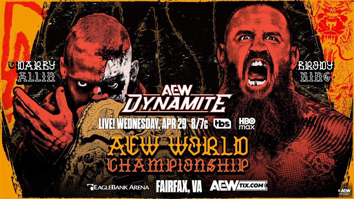 #AEWDynamite 8/7c, TBS + HBO Max This Wednesday, 4/29 AEW World Title DARBY ALLIN vs @BrodyXKing Brody King will challenge his friend Darby Allin for the World Title, WEDNESDAY! A new chapter in this storied rivalry will be written: Darby vs Brody, World Title, THIS WEDNESDAY!