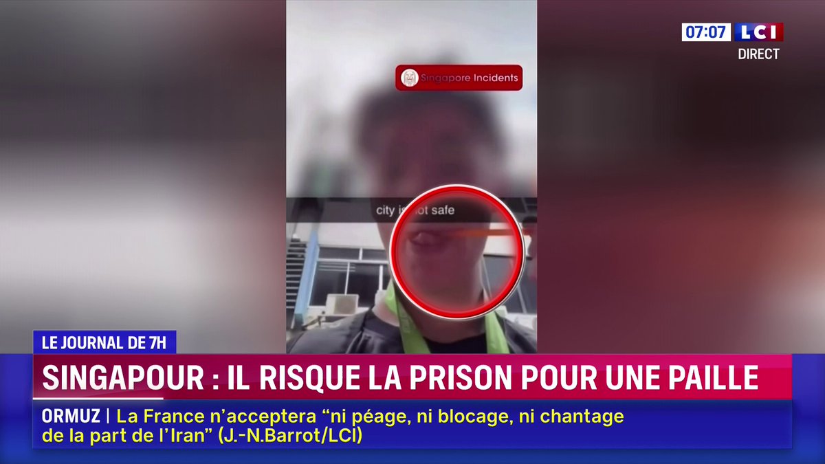 ▶️ Singapour : un étudiant français risque la prison pour avoir léché une paille avant de la remettre dans un distributeur automatique. 📺 Le journal de Laurène Barrière-Tallerie sur LCI
