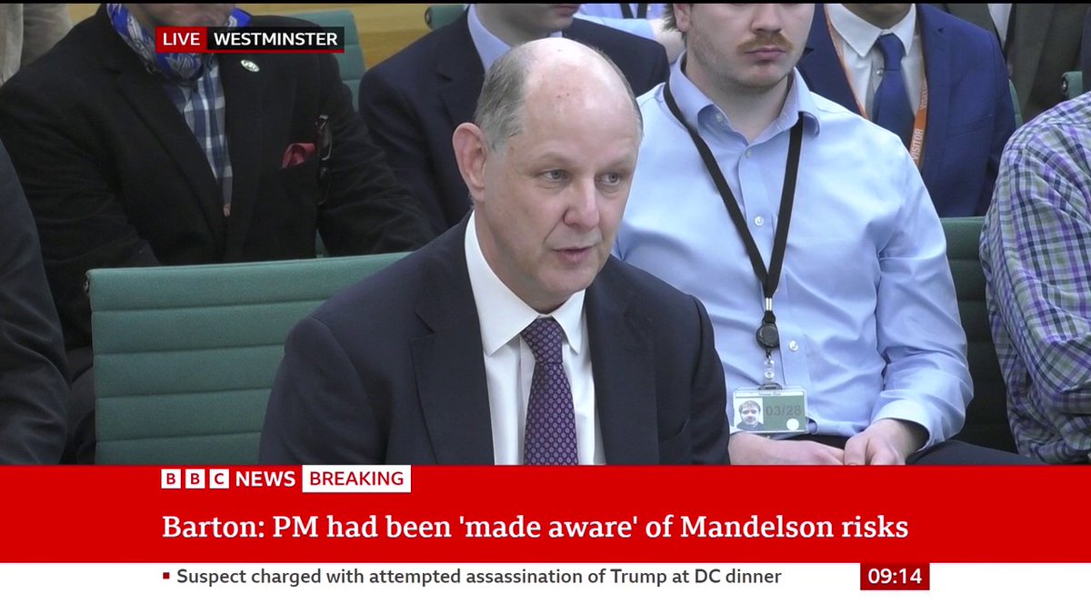 "I had a concern" over Lord Mandelson's links to Jeffrey Epstein, former top civil servant at the Foreign Office, Sir Philip Barton, tells the Foreign Affairs Select Committee Follow live: