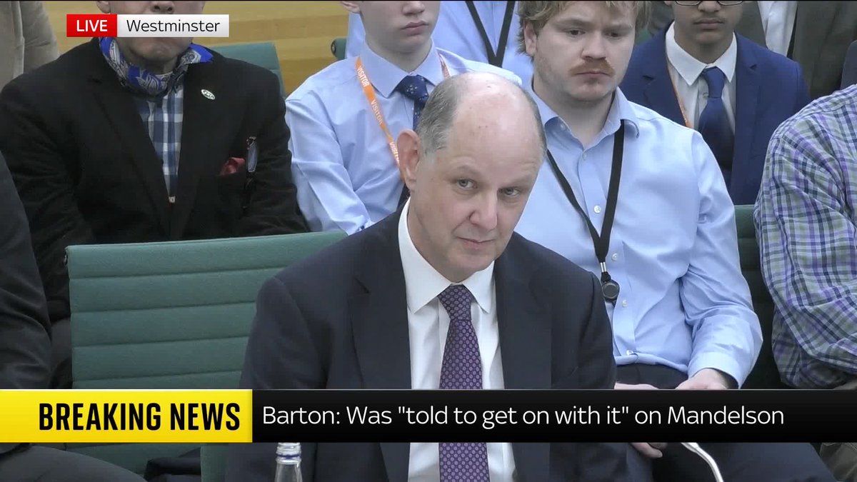 ‘I wouldn't use the word dismissive, the word I would use is uninterested’. Sir Philip Barton says No 10 was “uninterested” in vetting for Lord Mandelson, with the focus instead on getting him to Washington in time for the inauguration. 🔗