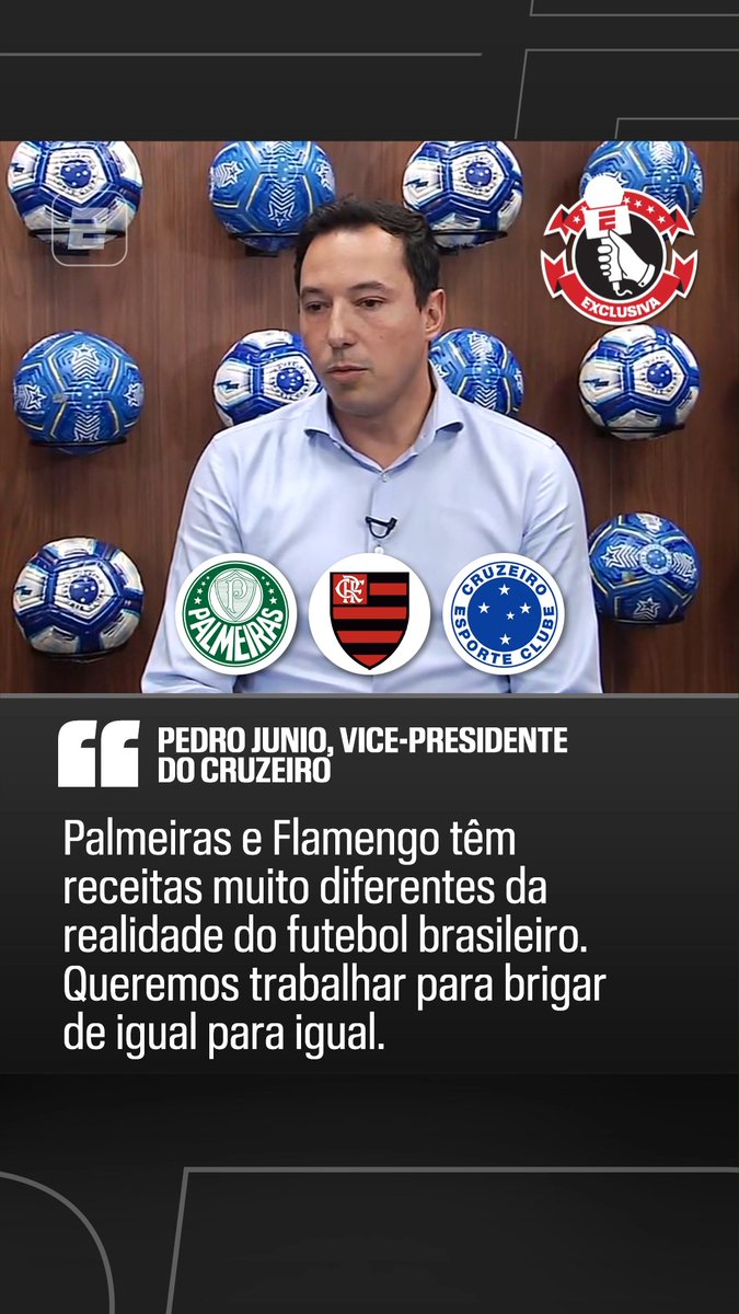 “Hoje, Flamengo e Palmeiras têm receitas diferentes da nossa, muito diferentes da realidade do futebol brasileiro. Queremos trabalhar para brigar de igual para igual com eles.” 🎙️ Pedro Junio, vice-presidente do Cruzeiro. 🎥 ESPN Brasil | SportsCenter Brasil