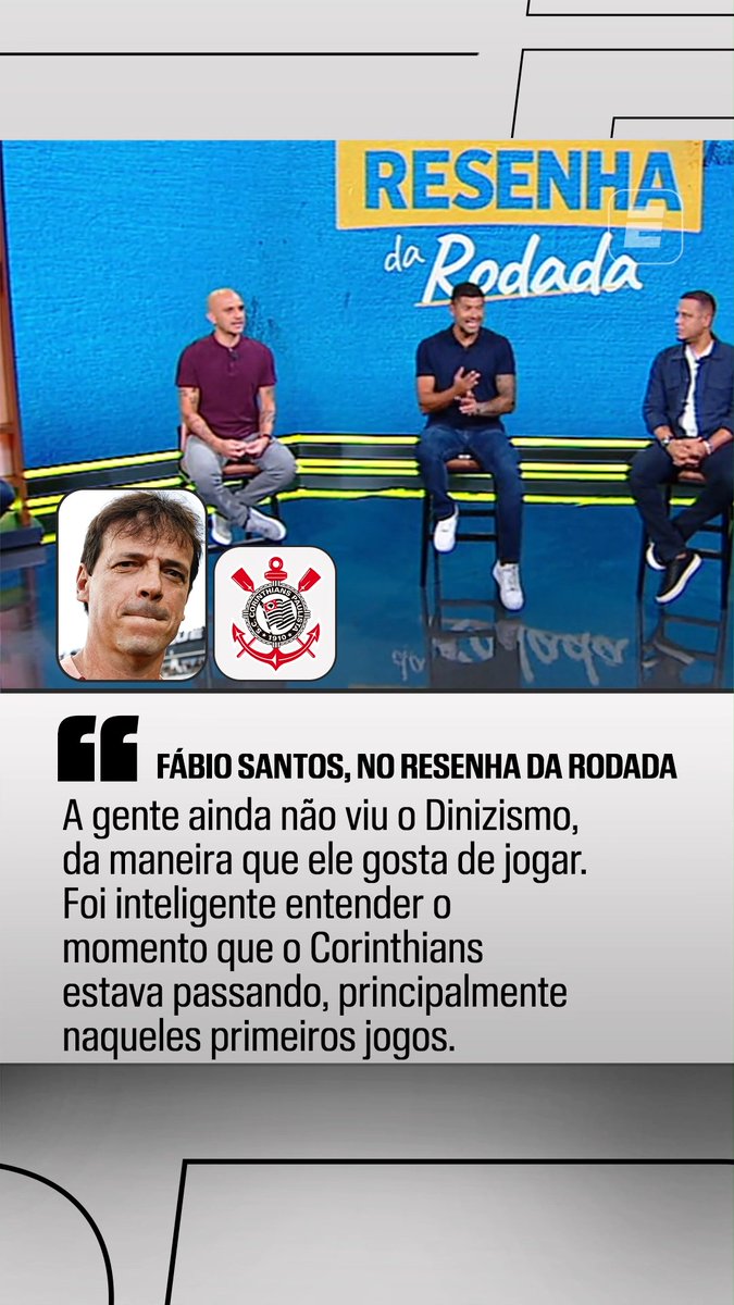 "A gente ainda não viu o Dinizismo no Corinthians, da maneira que o Diniz gosta. Ele foi inteligente em entender o momento. Depois da Copa a gente vai ver, vai começar a correr um pouquinho mais de risco.” 🎙️ Fábio Santos. 🎥 ESPN Brasil | SportsCenter Brasil
