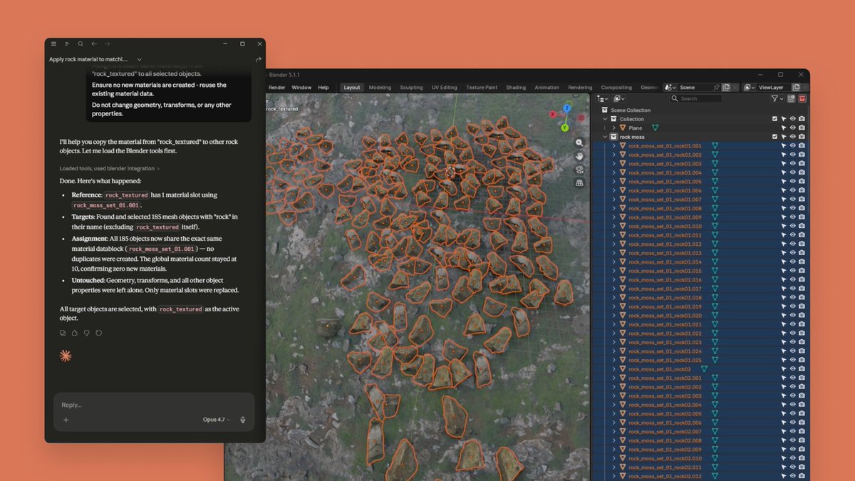 Claude now connects to the tools creative professionals already use. With the new Blender connector, you can debug a scene, build new tools, or batch-apply changes across every object, directly from Claude.