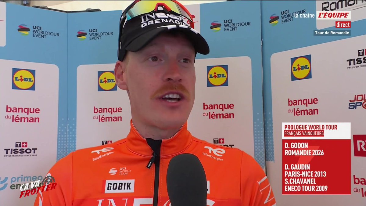 "Y'avait pas 50 000 possibilités pour battre Pogacar, je suis content de mon effort, je pense qu'il n'a pas pris les mêmes risques" La réaction de Dorian Godon, vainqueur du Prologue sur le Tour de Romandie !