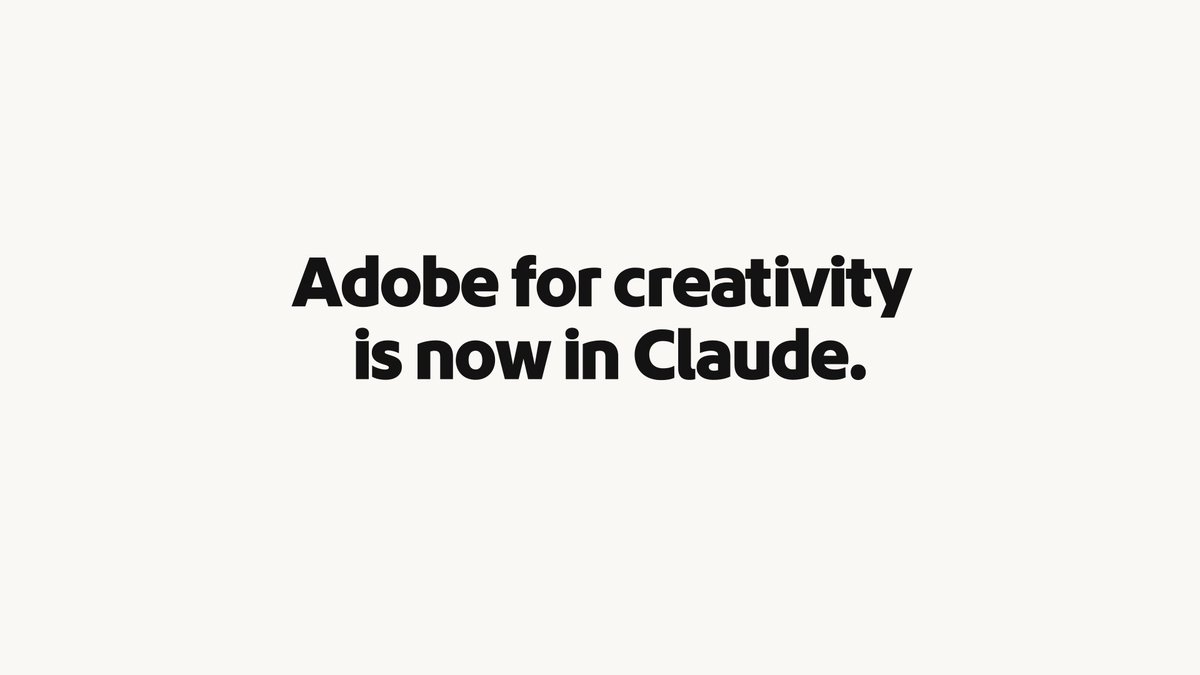Adobe for creativity + Claude 🤝 Now, Claude users can power their content with more than 50 Creative Cloud tools. Simply describe the outcome you want and let the assistant orchestrate workflows behind the scenes: