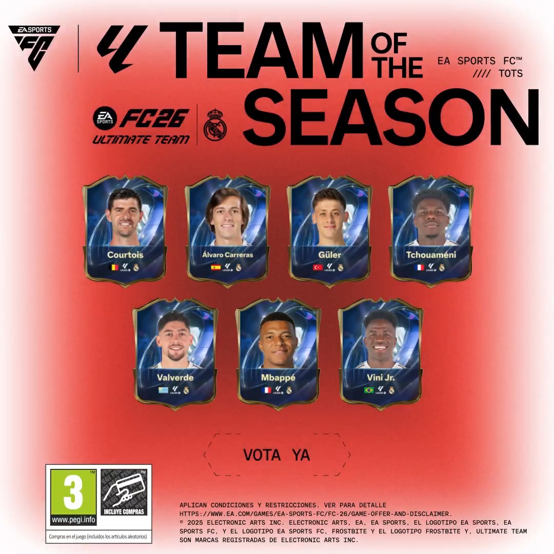 🔝 7 jugadores del club nominados al Equipo de la Temporada de EA SPORTS FC. Courtois · Carreras · Vini Jr · Güler · Valverde · Mbappé · Tchouaméni → Vota por ellos