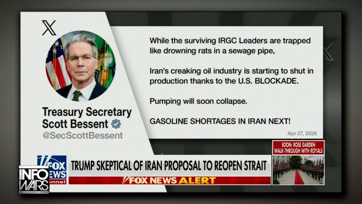VIDEO: "IRGC Leaders Are Trapped Like Drowning Rats In A Sewage Pipe... Iran's Creaking Oil Industry Is Starting To Shut In Production Thanks To U.S. BLOCKADE!" Treasury Sec. Scott Bessent Declares Victory In Iran War, But It Will Be Another 4 Months Until They Run Out Of Money! Alex Jones Breaks Down How This Was Not Hard To Predict, "That's Called A Pyrrhic Victory! It's Like A Knife Fight Where You Stab The Guy A Bunch & He Falls Over Dead, But You Get An Infection From Wounds & Die 2 Months Later!" 🔴ALEX JONES IS LIVE NOW BREAKING THE LATEST:
