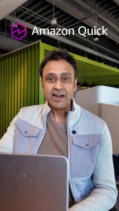 We gave Jigar Thakkar, VP of Agentic AI for Business 30 seconds to introduce the new features in Amazon Quick. Spoiler: he's quick. New desktop app. Custom apps with natural language. Integrations with Google Workspace, Microsoft 365, Zoom, and Salesforce. Learn more about Quick: