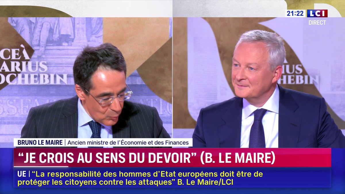 🗣️ Bruno Le Maire explique que Bruno Retailleau "a beaucoup chouiné" au moment du remaniement "C’est une incompréhension totale, car je pensais qu’il venait lui aussi pour servir les Français au gouvernement." ▶️ Darius Rochebin
