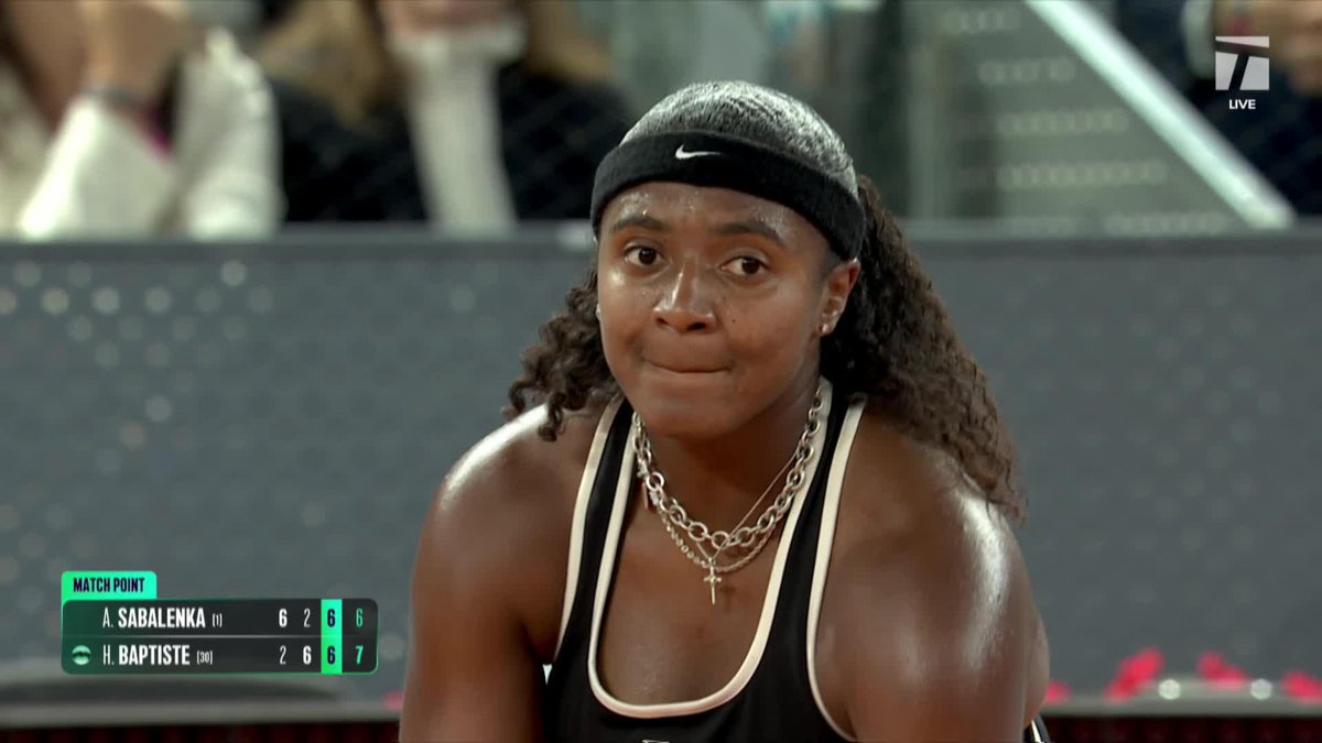 THE MOMENT HAILEY BAPTISTE BEAT ARYNA SABALENKA IN MADRID Utterly unreal 6 match points saved against the world #1 and defending champion She will reach a new career high ranking of #24, & she could go even higher Look at that reaction 100% heart 🇺🇸🥹