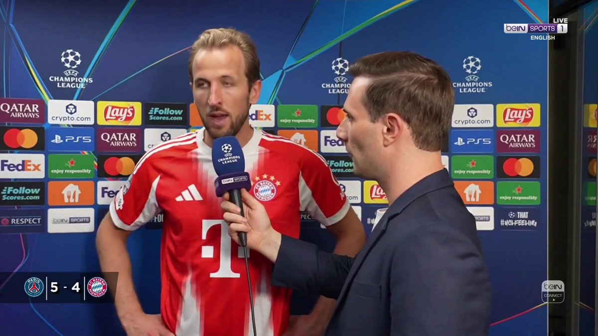 🗣️ "Being 5-2 down in a semi-final away from home, the game can get away from you... So I'm proud of the fight that we showed and the character as the game went on." Harry Kane speaks to Adriano Del Monte after a thrilling first leg in Paris! #beINUCL #BayernMünchen #UCL
