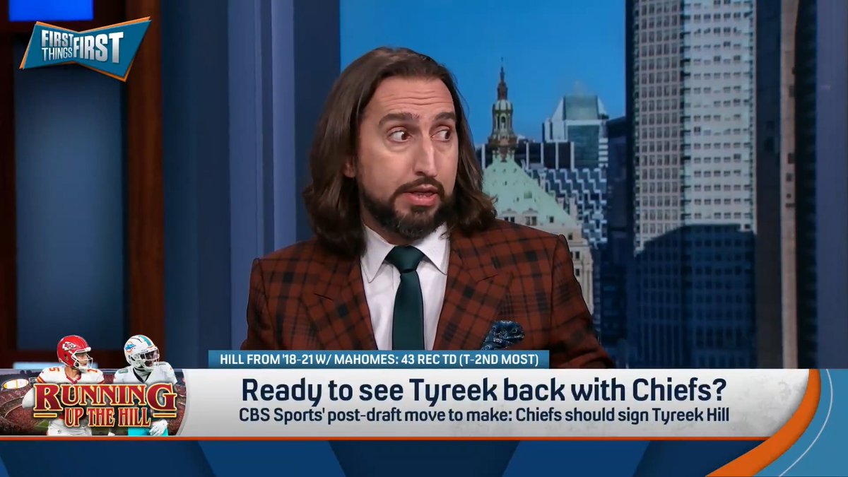 “Tyreek Hill, at his peak, was the single-best athlete in the NFL. Post that injury, if he can be 80% of that, that’s still a plus athlete.” nick wright thinks if Tyreek plays this season, it will be for the Chiefs:
