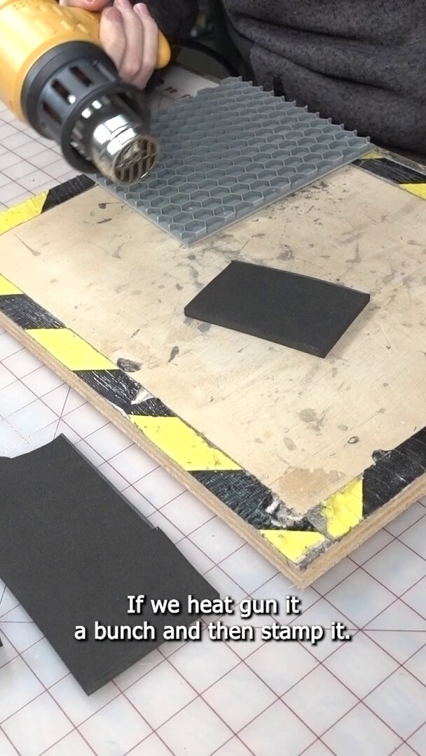When using a heat gun on EVA foam, you can stamp textures into the surface! If you apply the heat gun again, the texture will mostly be removed. Also, the thicker the foam, the deeper the texture can be! (also also: don't burn the foam!) #foamsmith