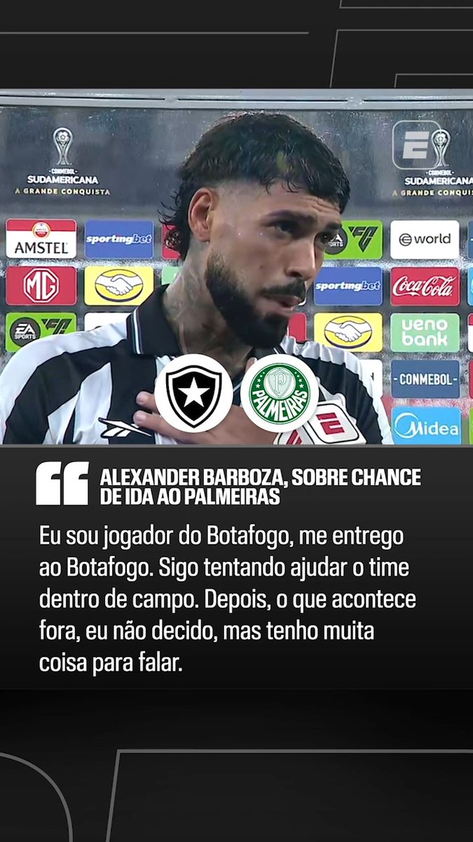 🚨 Alexander Barboza, sobre sua situação no Botafogo: "Sigo tentando ajudar o time. Depois, o que acontece fora, eu não decido. Tenho muita coisa para falar, mas não é o momento agora. Agora, ainda sou jogador do Botafogo." 🎥 ESPN Brasil SportsCenter Brasil