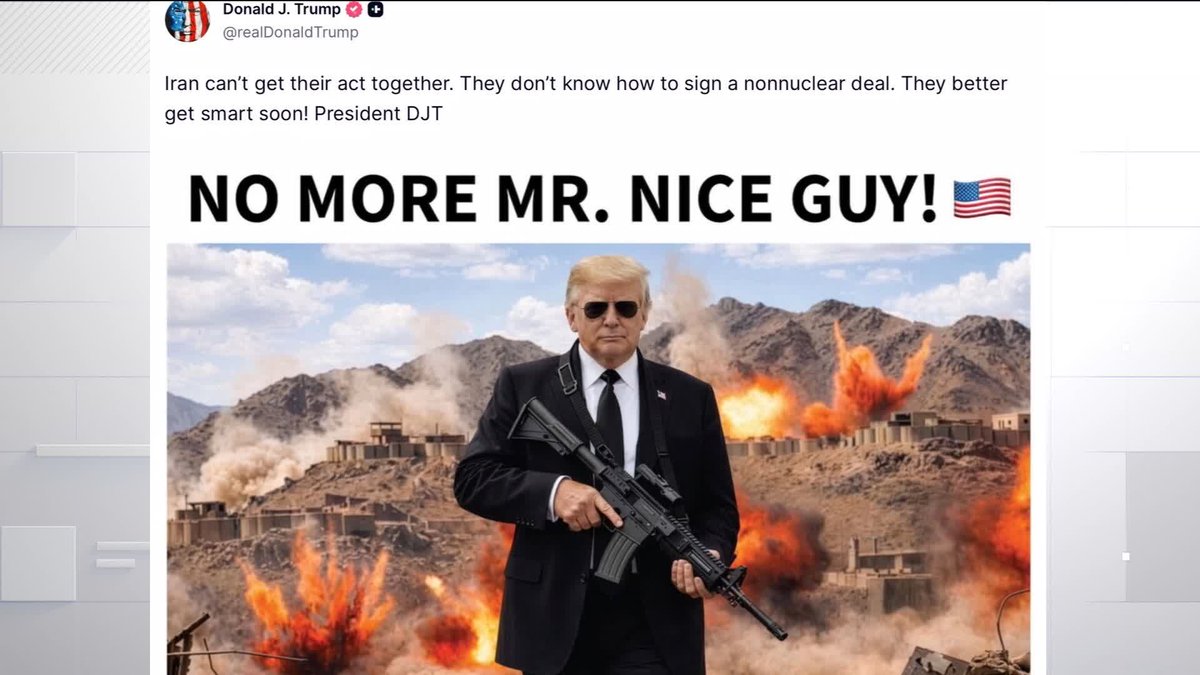 BREAKING: Iran doesn't know "how to sign a nonnuclear deal" and "better get smart soon", says Donald Trump on Truth Social. The post includes an AI-generated photo of the U.S. president holding a gun, with explosions in the background. 📺 Sky 501