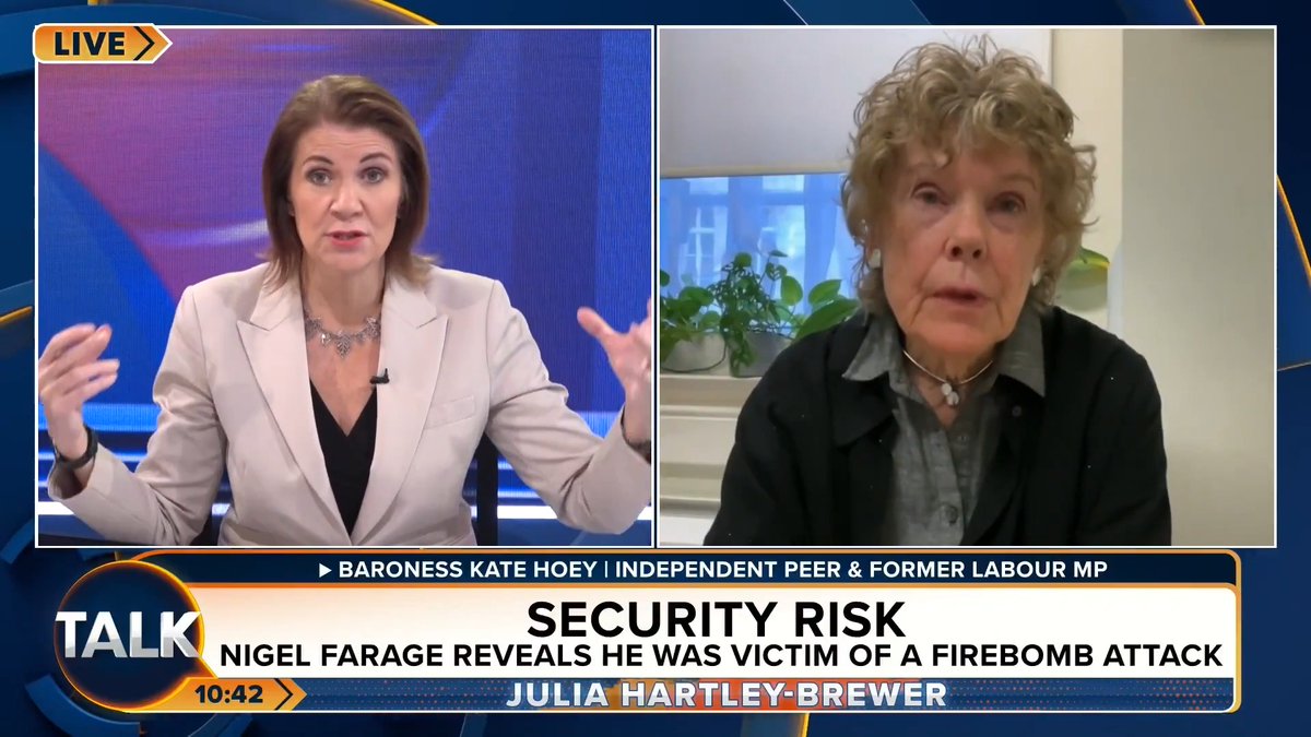 🚨Nigel Farage has revealed he was the victim of a firebombing attack at his home. "I think it's an absolute outrage the Home Office doesn't pay for his security. He's a publicly elected official. It's unacceptable!" Julia Hartley-Brewer | Kate Hoey