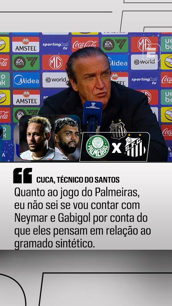 ⚠️ Cuca, técnico do Santos: “Eu não sei se vou contar com Neymar e Gabigol no jogo contra o Palmeiras, por conta das coisas que vocês sabem que eles pensam em relação ao gramado sintético. A gente vai conversar com eles.” 🎥 ESPN Brasil | SportsCenter Brasil