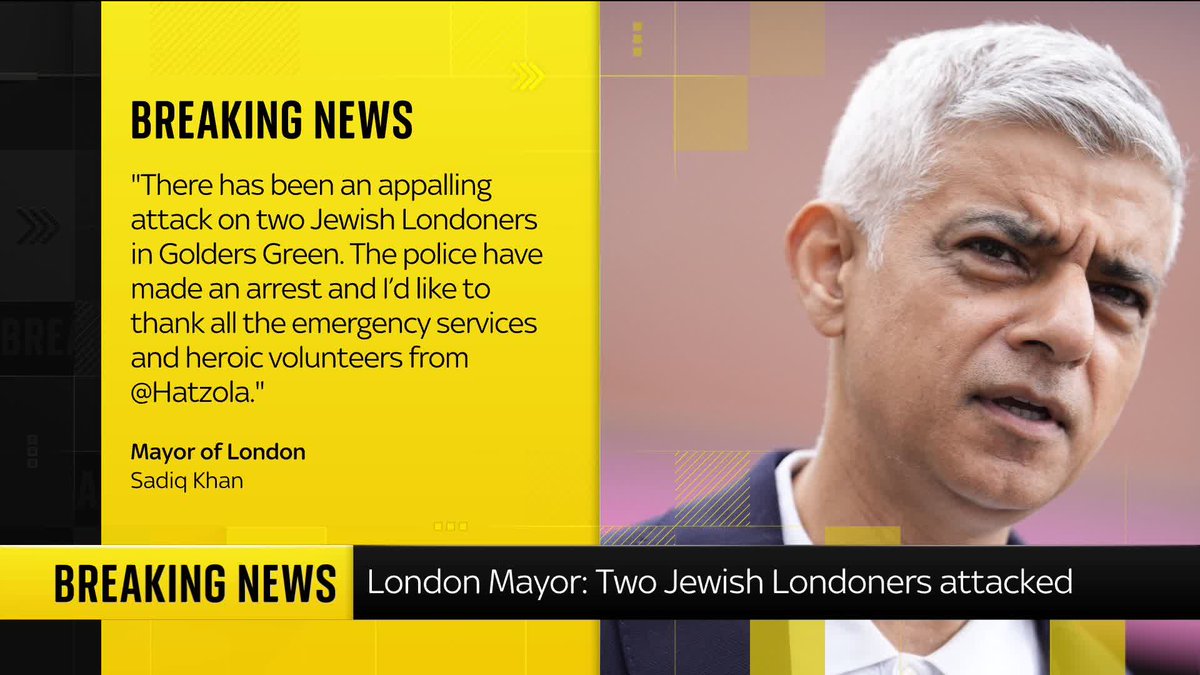 BREAKING: London mayor Sadiq Khan has called the reported stabbing in the Golders Green area of north London "an appalling attack on two Jewish Londoners" 📺 Sky 501, Virgin 602