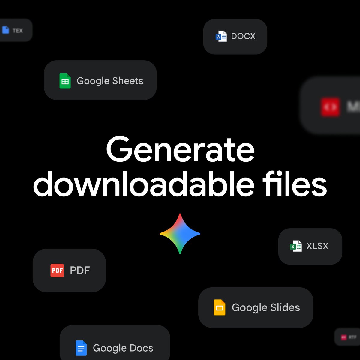 You can now generate a variety of downloadable files, including PDFs, Google Workspace files, Microsoft Word & Excel, and more directly in your chats with Gemini. Tell Gemini what content to create and the file format you want when you prompt without having to upload a template.