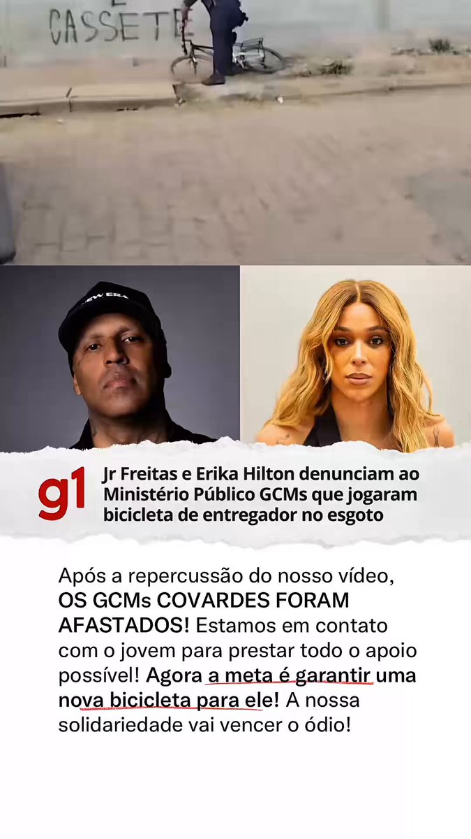 AQUI NÃO É TERRA SEM LEI, respeitem os trabalhadores! Os GCMs que destruíram a bike de trabalho do Alisson, jovem entregador de Ifood, foram afastados das ruas e vão responder pelos seus crimes na Corregedoria. Isso só foi possível pela pressão que realizamos na Prefeita! Eu também articulei com a deputada erika hilton uma ação no Ministério Público para garantir que eles paguem pelo abuso de poder praticado. Amanhã também estarei com o Alisson para prestar todo o suporte necessário para que ele tenha seus direitos garantidos. O que se faz com os trabalhadores, se paga pelas mãos dos trabalhadores!