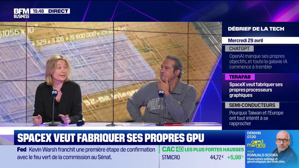 SpaceX veut fabriquer ses propres GPU "On ne s'improvise pas fabricant de GPU. Nvidia n'est pas leader par hasard, ils ont les meilleurs ingénieurs… Il y a chez Musk un rêve d'échapper à la dépendance à Nvidia, mais ça va prendre des années" 💬Didier Sanz 🎙️François Sorel