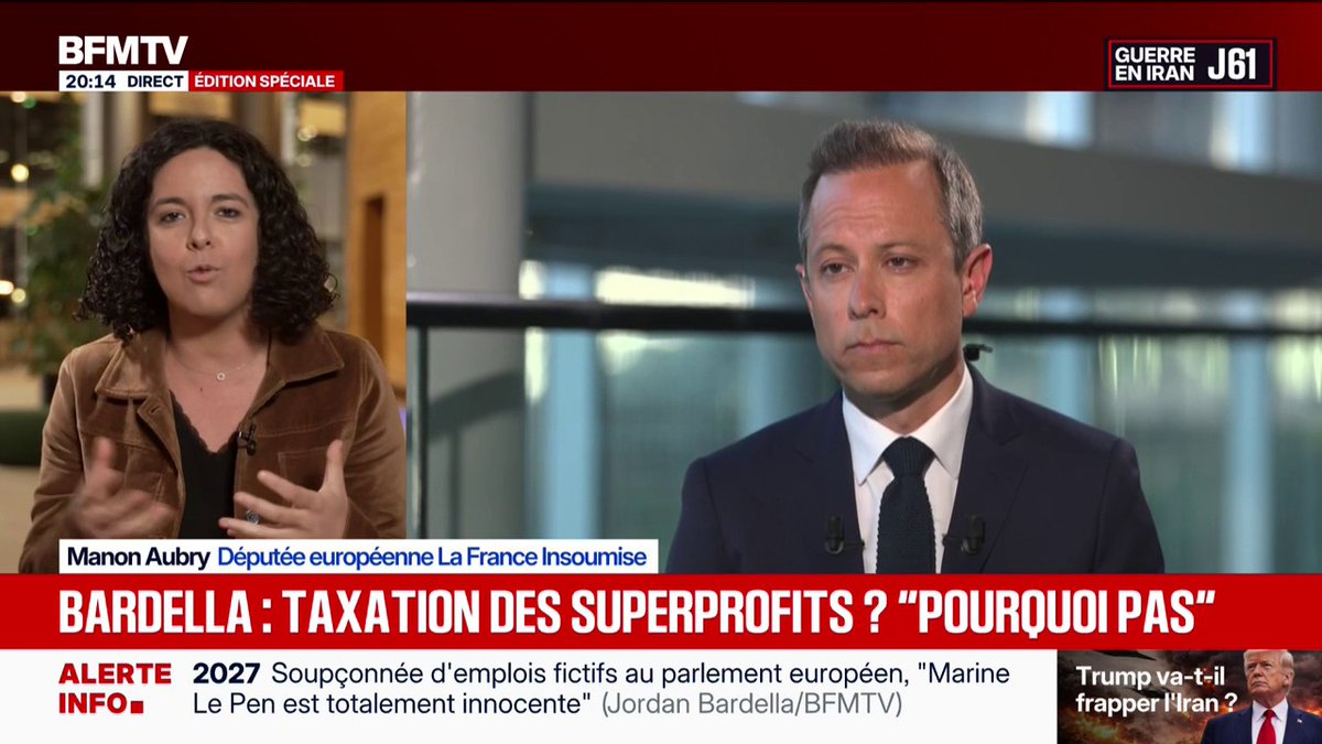 Parlement européen: "J'ai bien noté que Jordan Bardella était incapable de qualifier les profits de Total de superprofits, incapable de demander la taxation de ces superprofits", déclare Manon Aubry