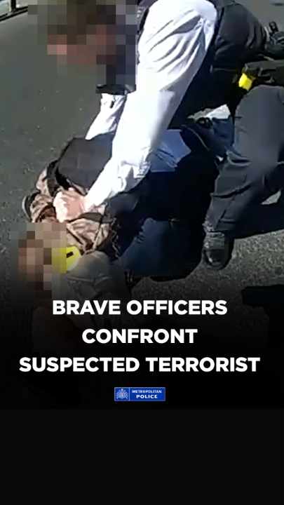 Watch as police officers confront a man suspected of carrying out a terrorist attack in north London where two men were stabbed. The suspect refused to show his hands, was violent and continued to pose a clear threat. Using only their training, courage and tasers, they detained him while he continued to try to attack and stab them. This took true courage.