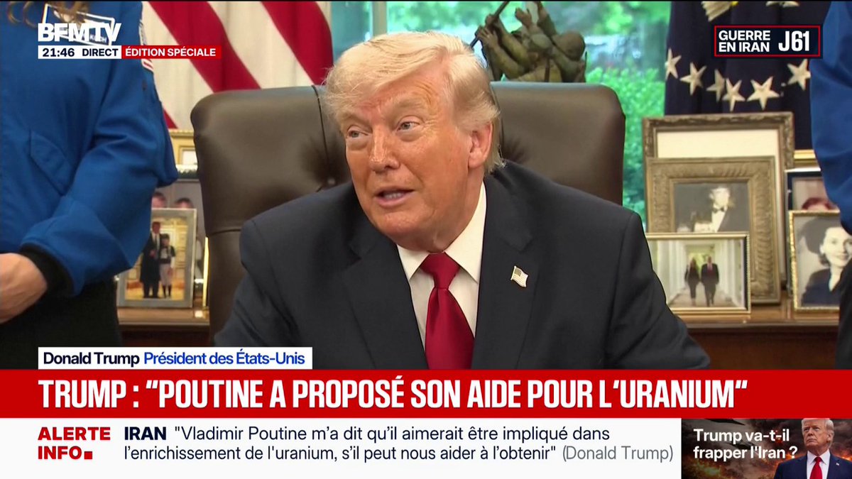 Iran: "Vladimir Poutine m'a dit qu'il aimerait être impliqué dans l'enrichissement de l'uranium, s'il peut nous aider à l'obtenir", annonce Donald Trump