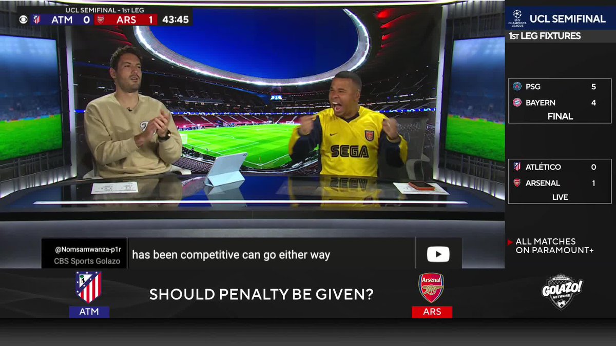 "That's a #UCL semifinal penalty right there." Charlie Davies and Nico Cantor share their instant reaction to Arsenal's opening goal 🗣️